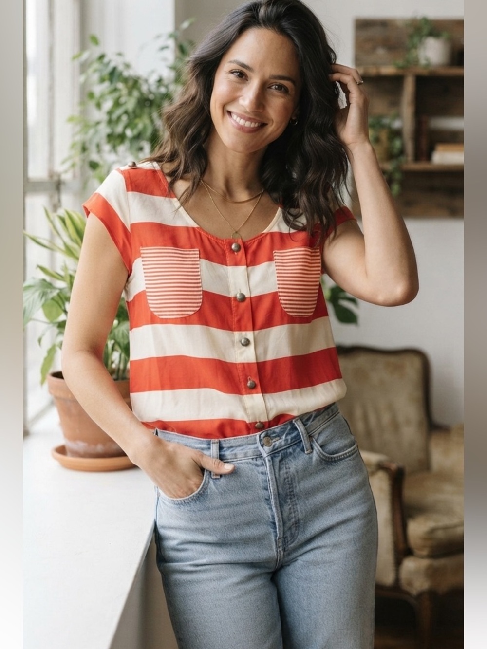 Odille Anthropologie Red Cream Striped 100% Silk Button Front Blouse Size 8